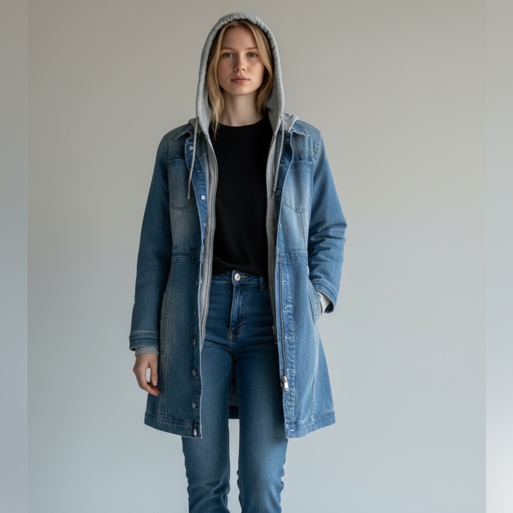 bebe NWT 3-in-1 Denim Trench Coat w/ Removable Hoodie Small - Picture 8 of 16